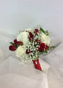 white and red rose prom bouquet