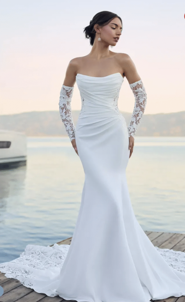 crepe wedding dress side cutouts gauntlet lace sleeves, scoop necklines for a large bust