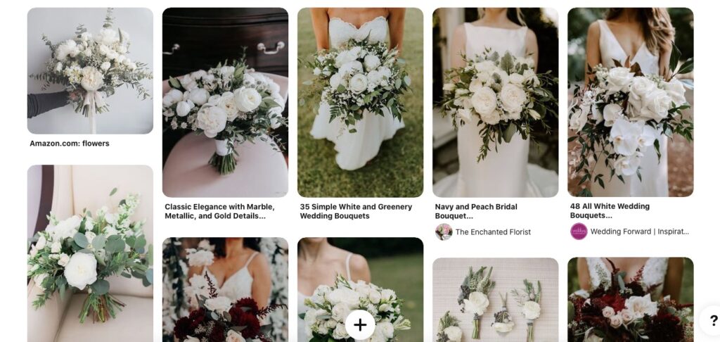 Pinterest board dedicated to bridal flowers which are white roses and a few with pops of a wine color.