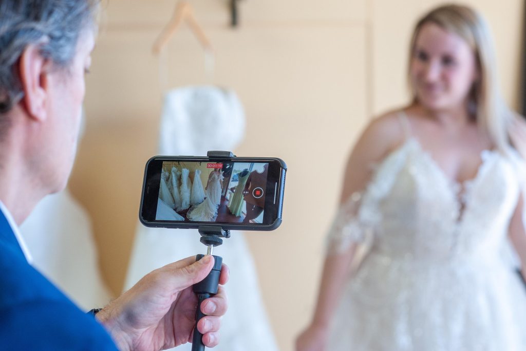Owner Franco Salerno videos Daria Capaldi for an online bridal appointment during the company's forced shut down due to Covid-19 in May 2020