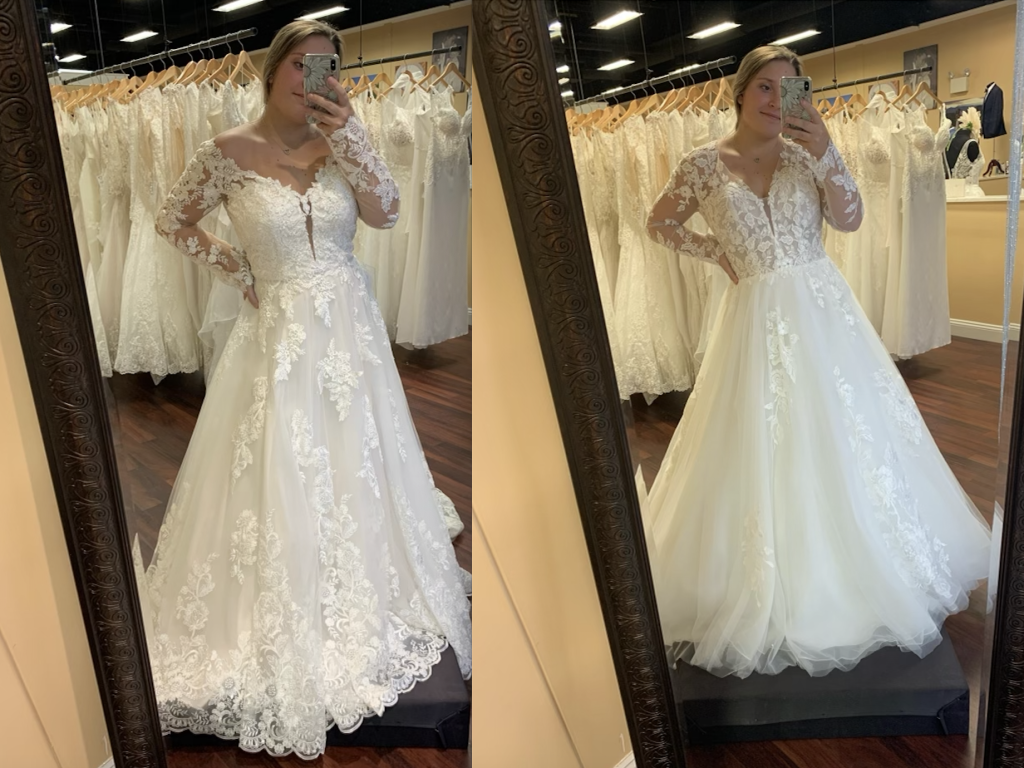 The Ambrosia dress by Morilee has long sleeves and is a bit off the shoulder with a ball gown silhouette, with a very similar dress called Analeigh by Kitty Chen with more coverage on the shoulder and less lace on the skirt