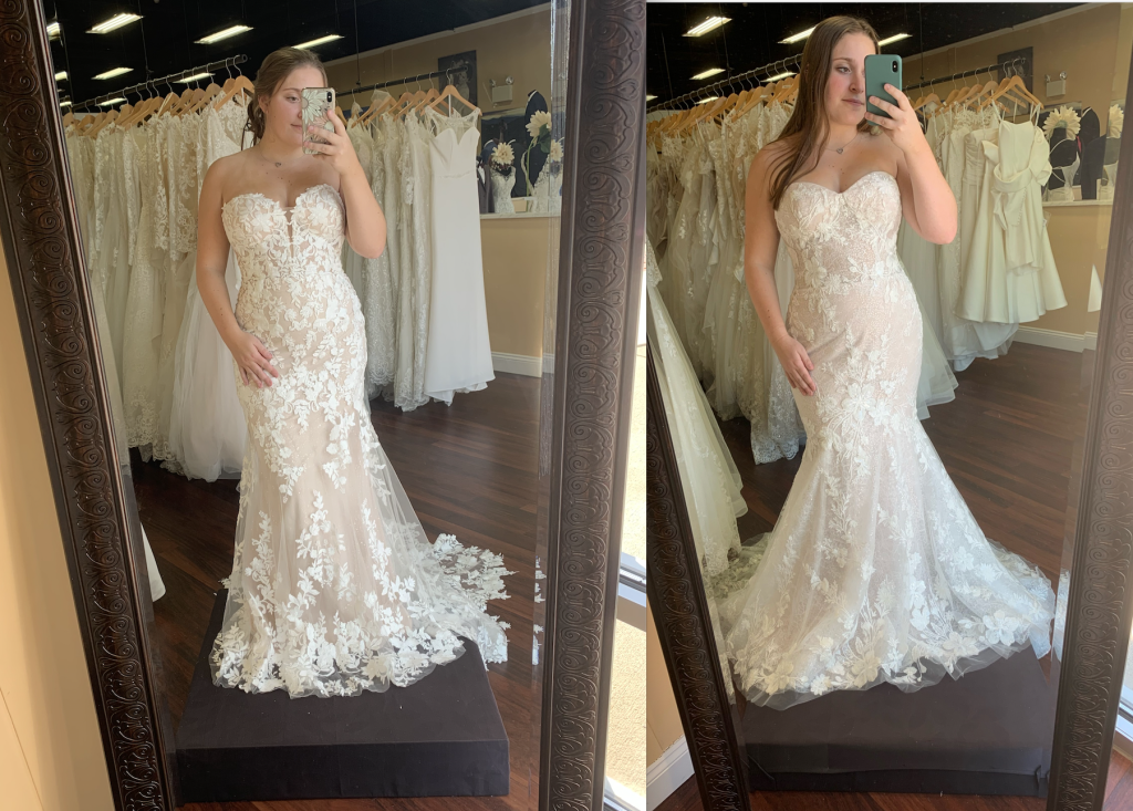 Great dresses for a curvy body! The Enzoani Nesta wedding dress has all over lace with a strapless neckline and a plunge neck, while Casablanca's Angelina has a strapless sweetheart with no plunge and a bit more flare in the skirt