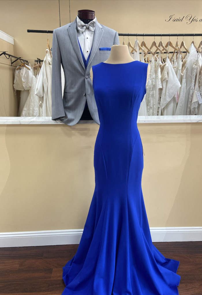 Royal blue fit and flare mother of the bride dress sleeveless dress with high neckline, crêpe fabric buttons in back