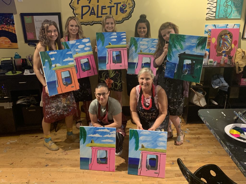 Sarah and her group at the wine and paint bachelorette party at Pinot's Palette in NJ