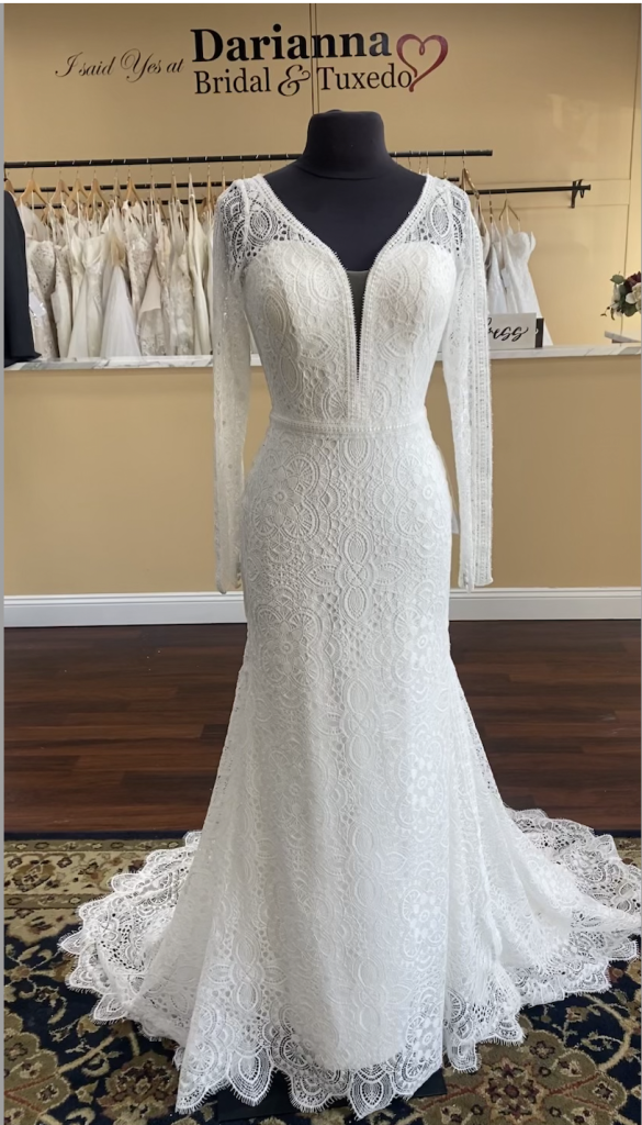 Winter by Evie Young, full lace and long sleeve wedding dress with a plunge neck ans chapel train