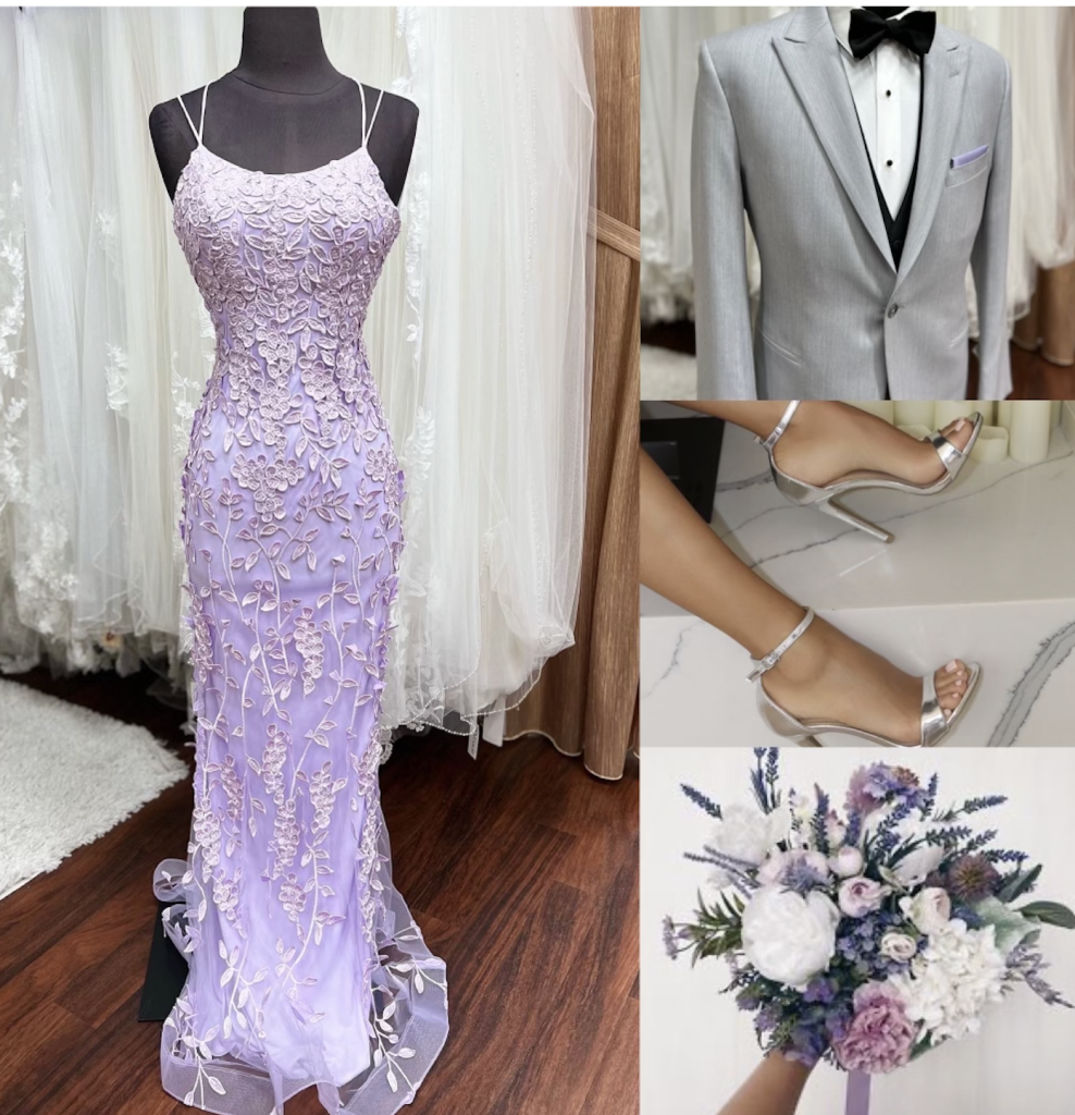 Amethyst mood board with flowers, shoes, and tux inspiration
