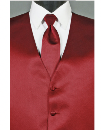 Red tux accessories including patterned and floral bow ties and long tie, each with a matching vest available