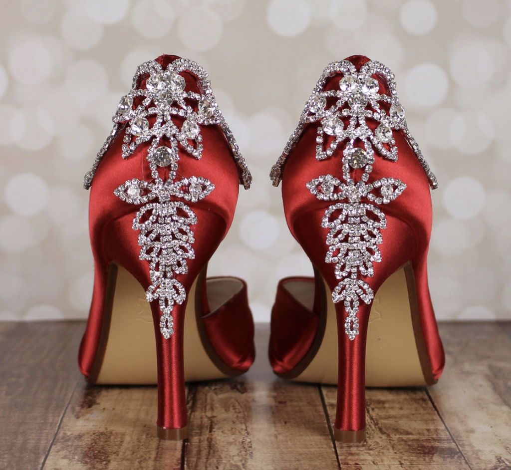  Red satin shoes with rhinestone pattern heel