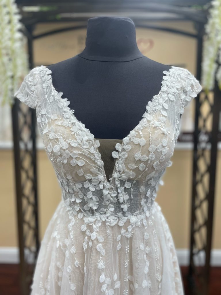 Bodice of Verona showing the beautiful 3d lace patterns over the shimmery tulle underneath