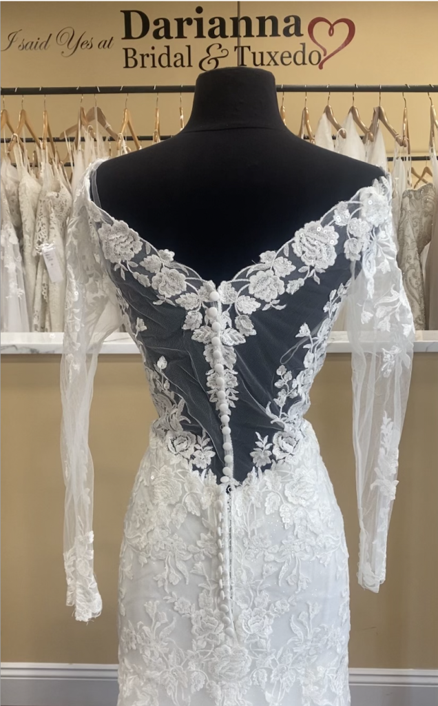 Illusion back with buttons and rose lace applique