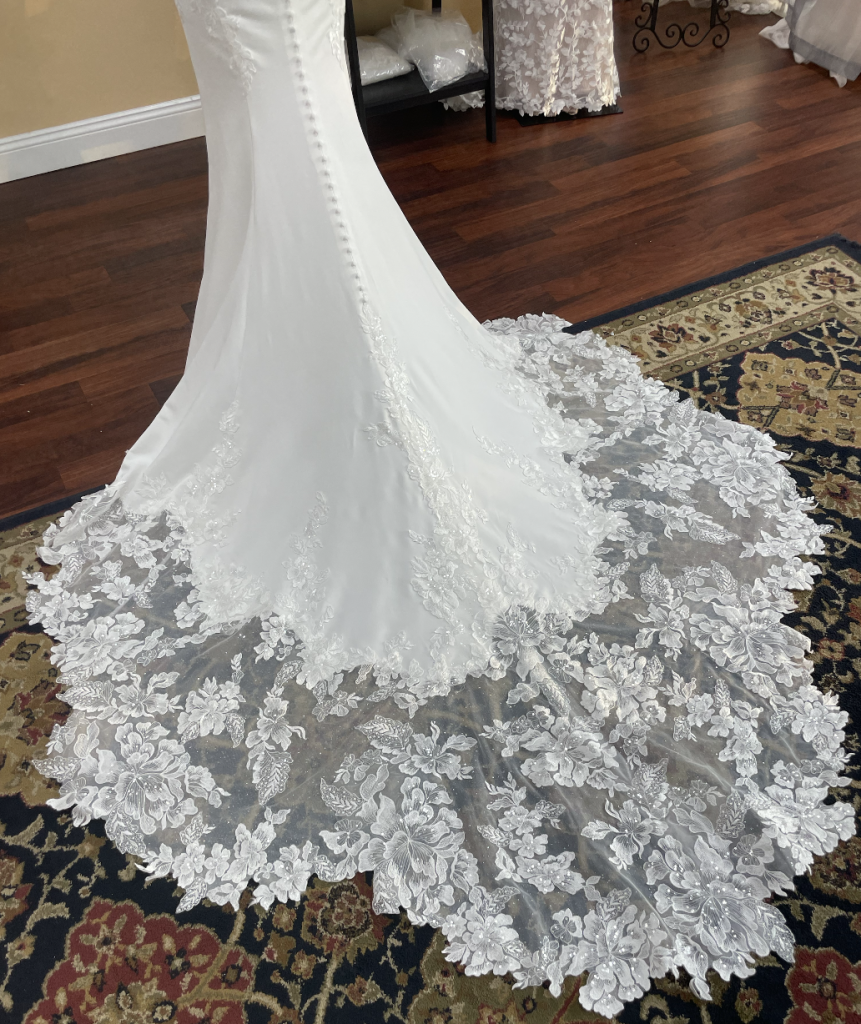 Stella York 7457 has gorgeous lace over luxe matte satin