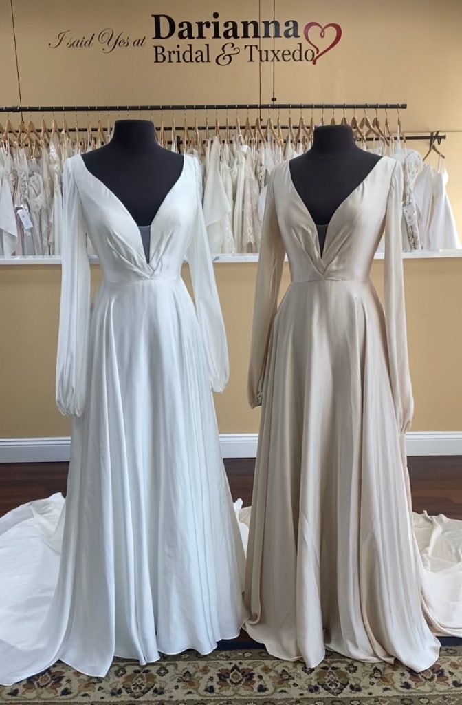 Long sleeve A-Line dresses in luxe satin from Madi Lane