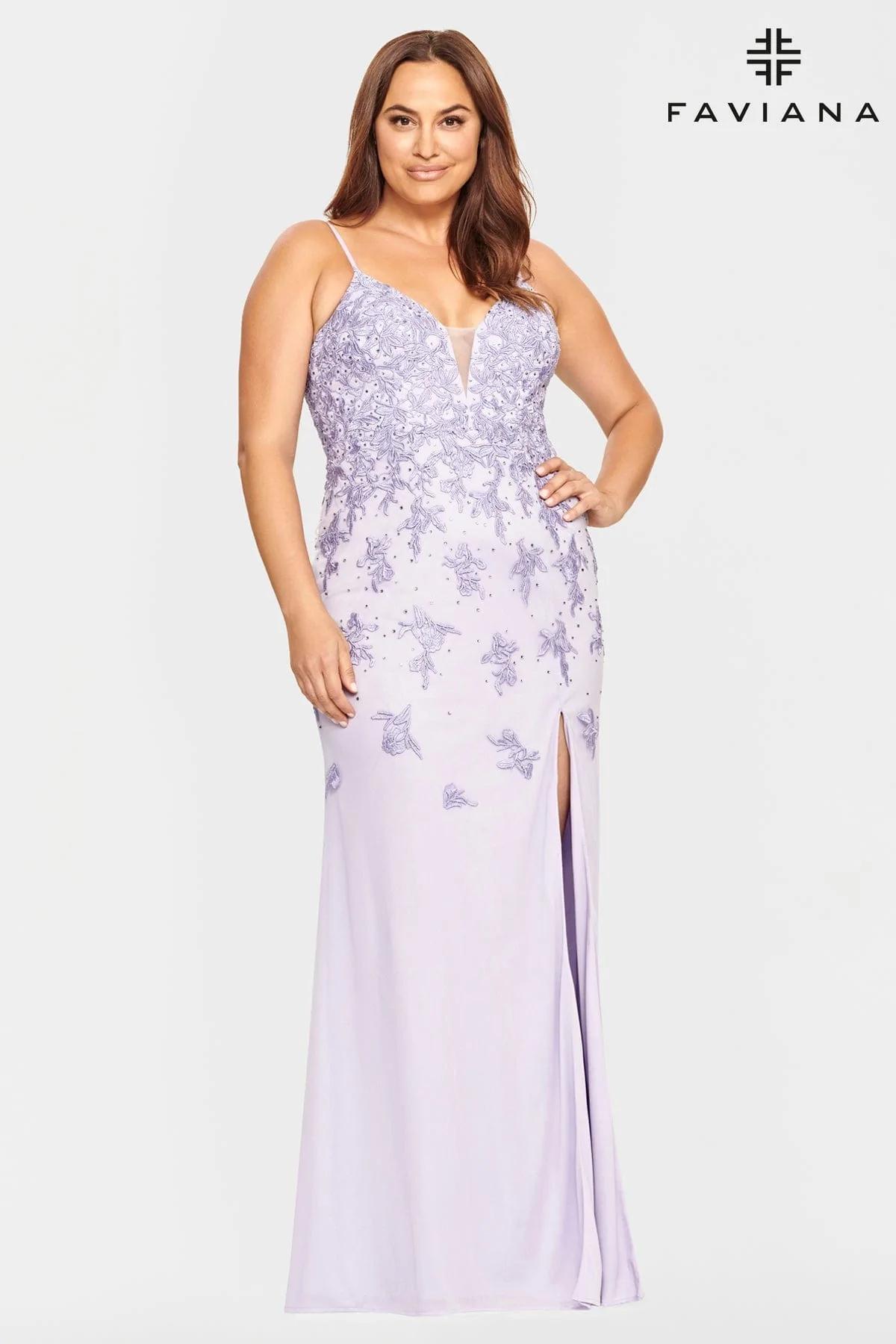 Plus sized prom dress in lavender with spaghetti straps, v-neck beaded lace applique, split skirt, available in multiple colors for prom 2023