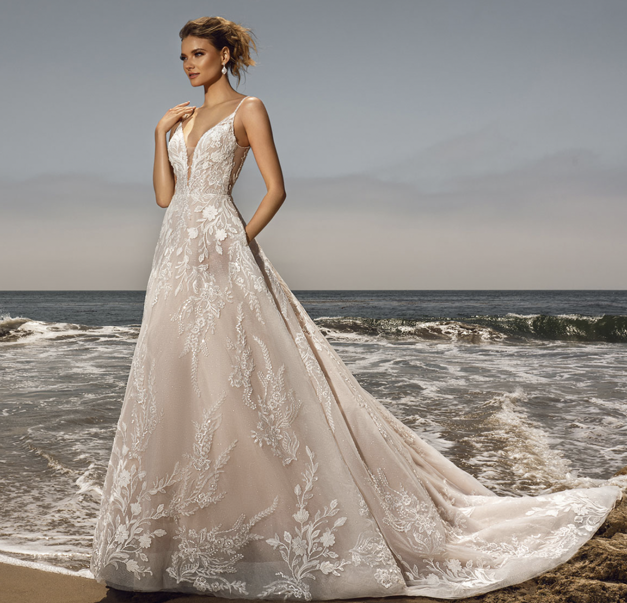 KittyChen wedding dress Kat on model and in store. Least a line wedding dress with beaded straps, plunge V-neck