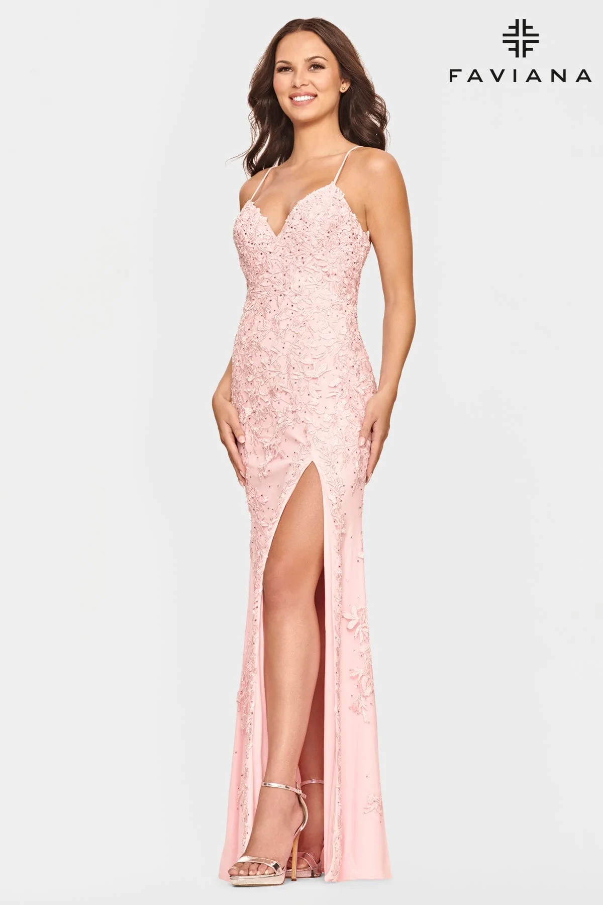 Blush beaded lace prom dress from Faviana, spaghetti straps and splt skirt, carried at Darianna Bridal & Tuxedo