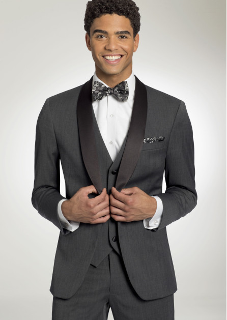 Bruno Magli Gray Tuxedo with black satin shawl lapel and black and gray  floral bow tie and pocket square