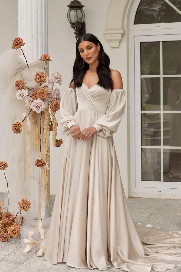 Madi Lane satin Dante dress with off the shoulder bishop sleeves, Morilee lace a line with sheer bishop sleeve and lace cuffs