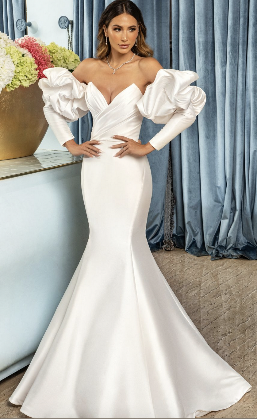 Satin Couture strapless mermaid Kitty Chen wedding dress and Morilee lace and crepe wedding dress with Juliet sleeves