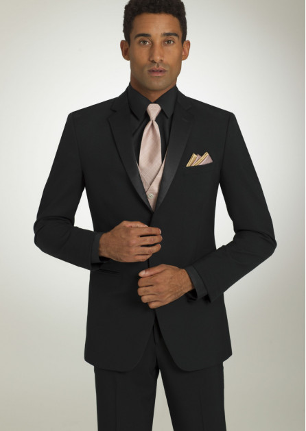 Black Skinny Fit Prom Tuxedo with blush vest and tie, pocket square, black shirt