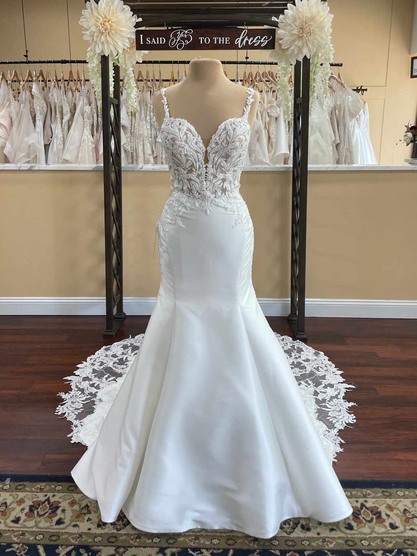 Zuri wedding dress Sophia Tolli is a mikado fit and flare with lace straps, beaded bodice lace, back buttons and illusion lace train