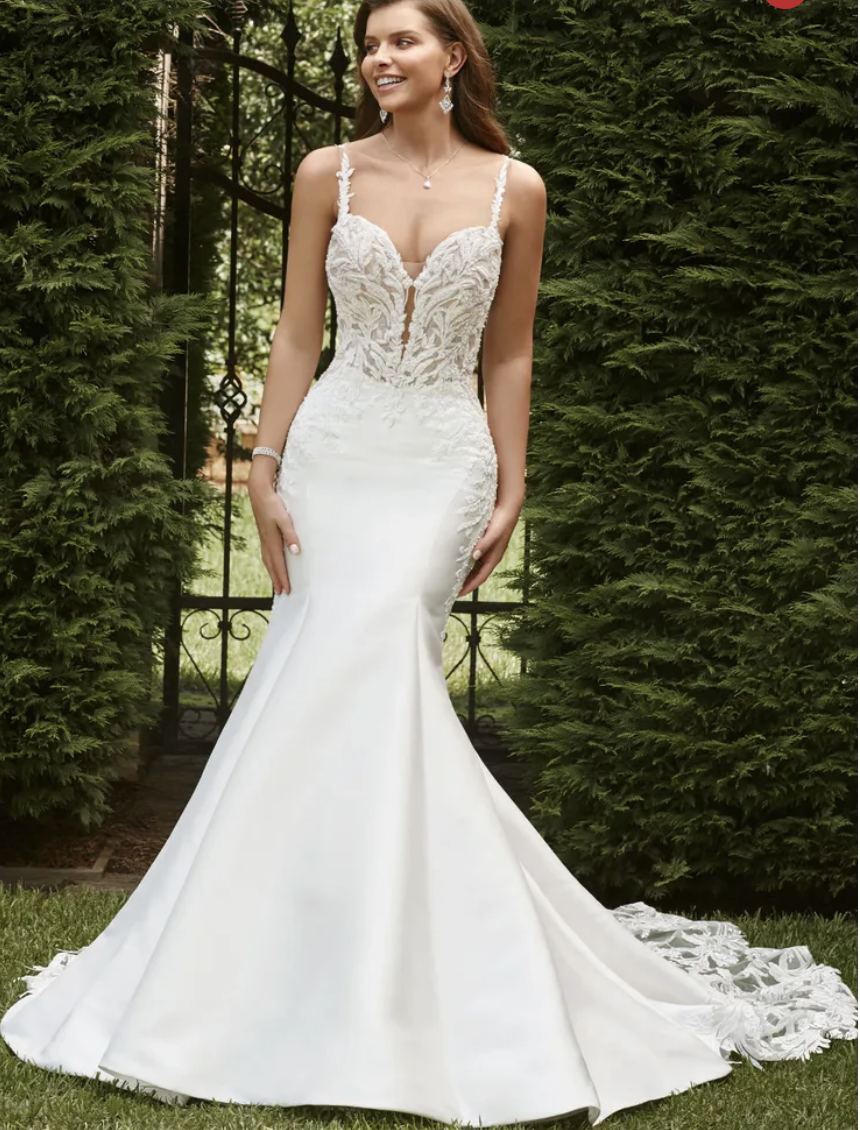 Zuri wedding dress Sophia Tolli is a mikado fit and flare with lace straps, beaded bodice lace, back buttons and illusion lace train