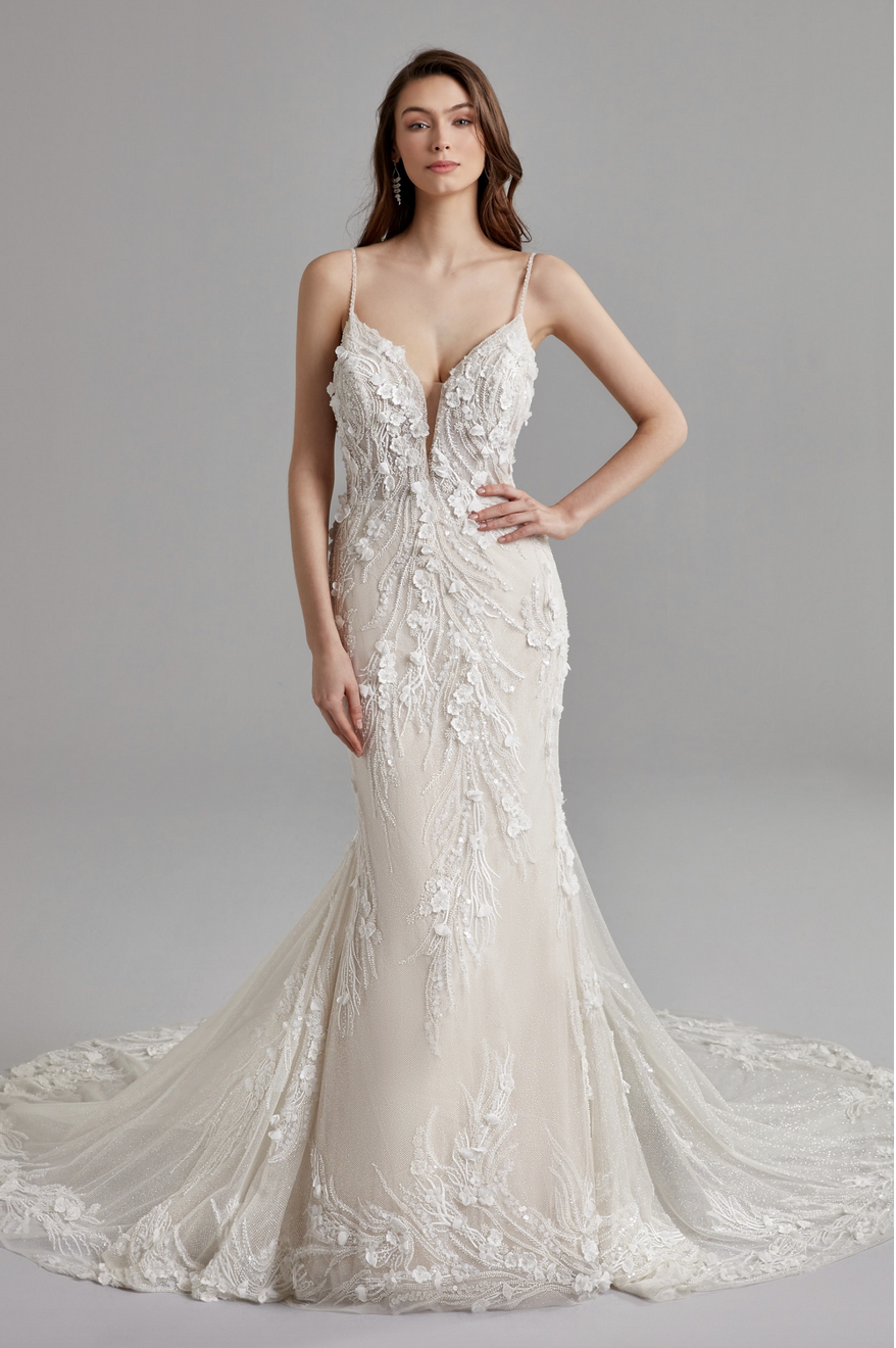 Eddy K Cynthia wedding dress is a glamorous beaded and lace fit and flare