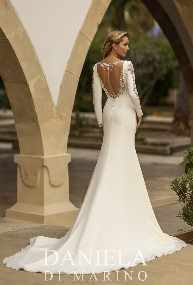 Daniela DiMarino 6407 crepe long sleeve wedding dress with beaded keyhole back
