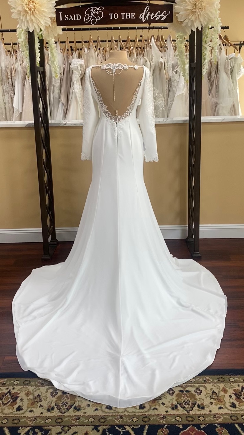 Daniela DiMarino 6407 crepe long sleeve wedding dress with beaded keyhole back
