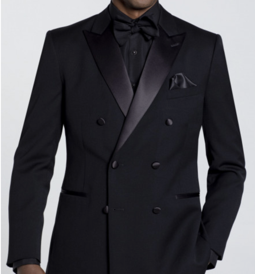 The "Romeo" double-breasted black satin peak lapel tuxedo