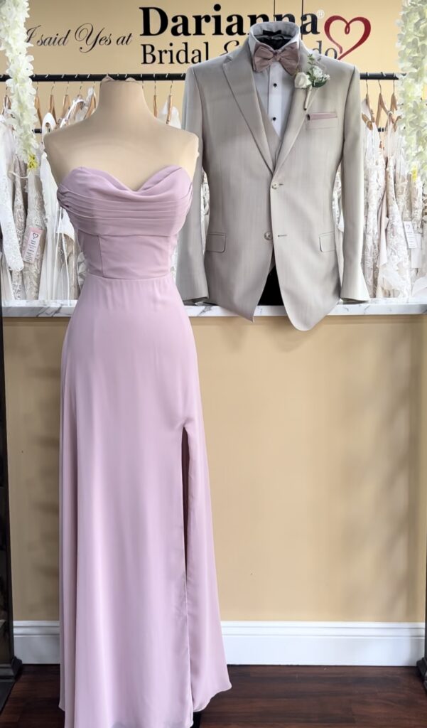 Dusty Rose paired with our Tan Domenic Suit bridesmaid and tuxedo color combination