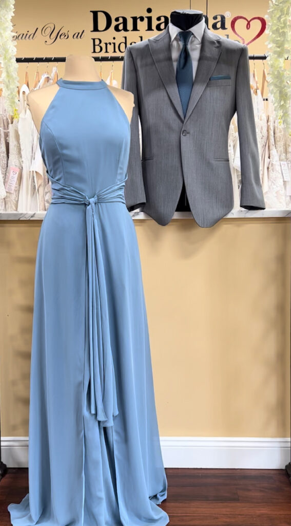 Dusty blue and gray suit bridesmaid and tuxedo color combinations
