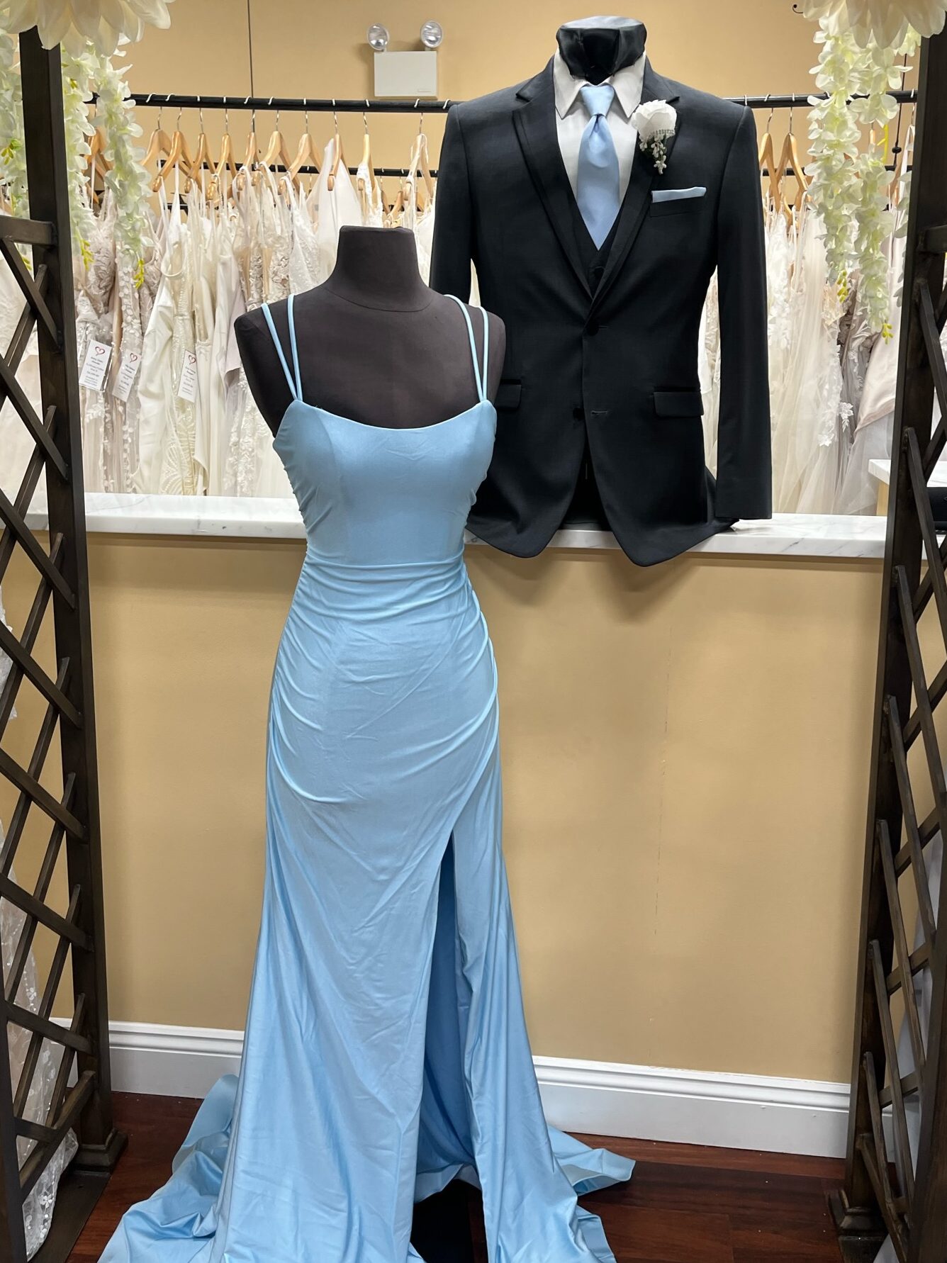 Sky blue bridesmaid dress and tuxedo with matching long sky blue tie, and pocket square