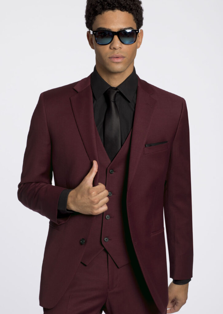 Three-piece, cranberry suit, black dress, shirt, black satin tie and pocket square, men's fall wedding attire