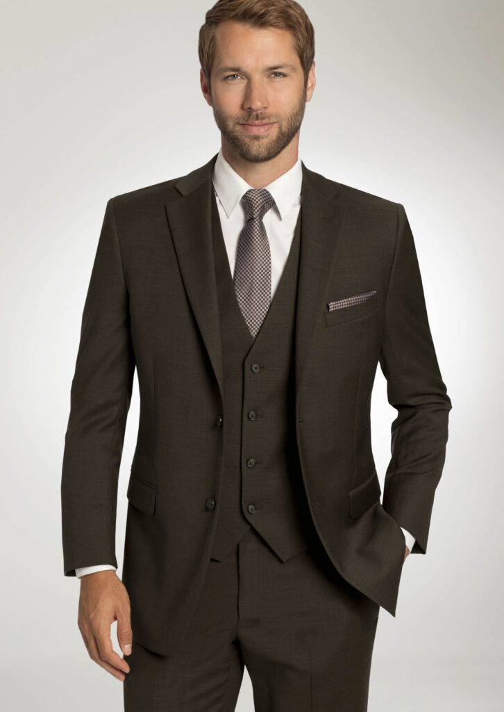 Chocolate Brown 3-Piece Mens Suit. brown and tan checked long tie and pocket square, men's fall wedding attire