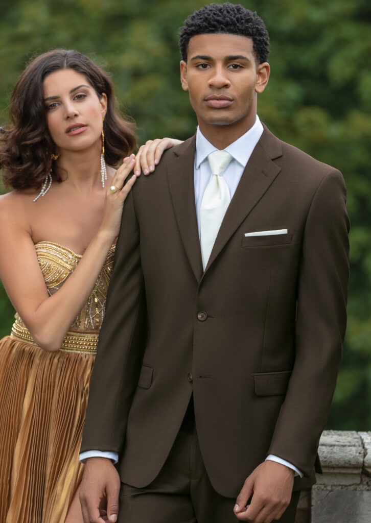 chocolate brown suit, men's 3-piece suit, ivory color satin tie and pocket square 