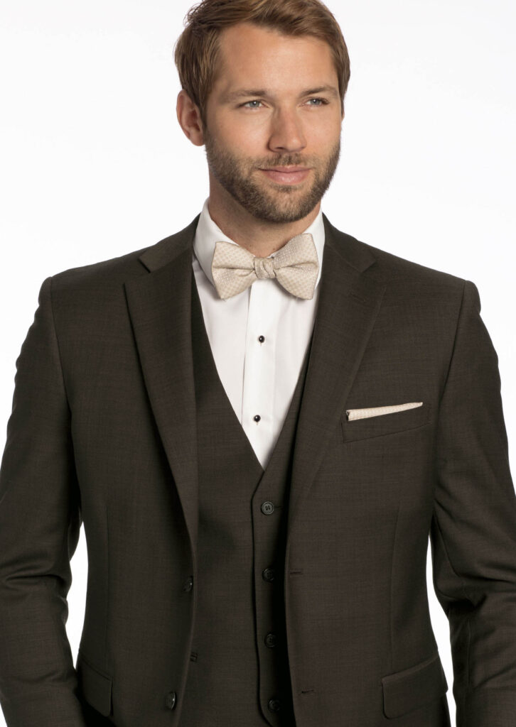 Chocolate Brown 3-Piece Mens Suit. Tan bow tie and pocket square, men's fall wedding attire