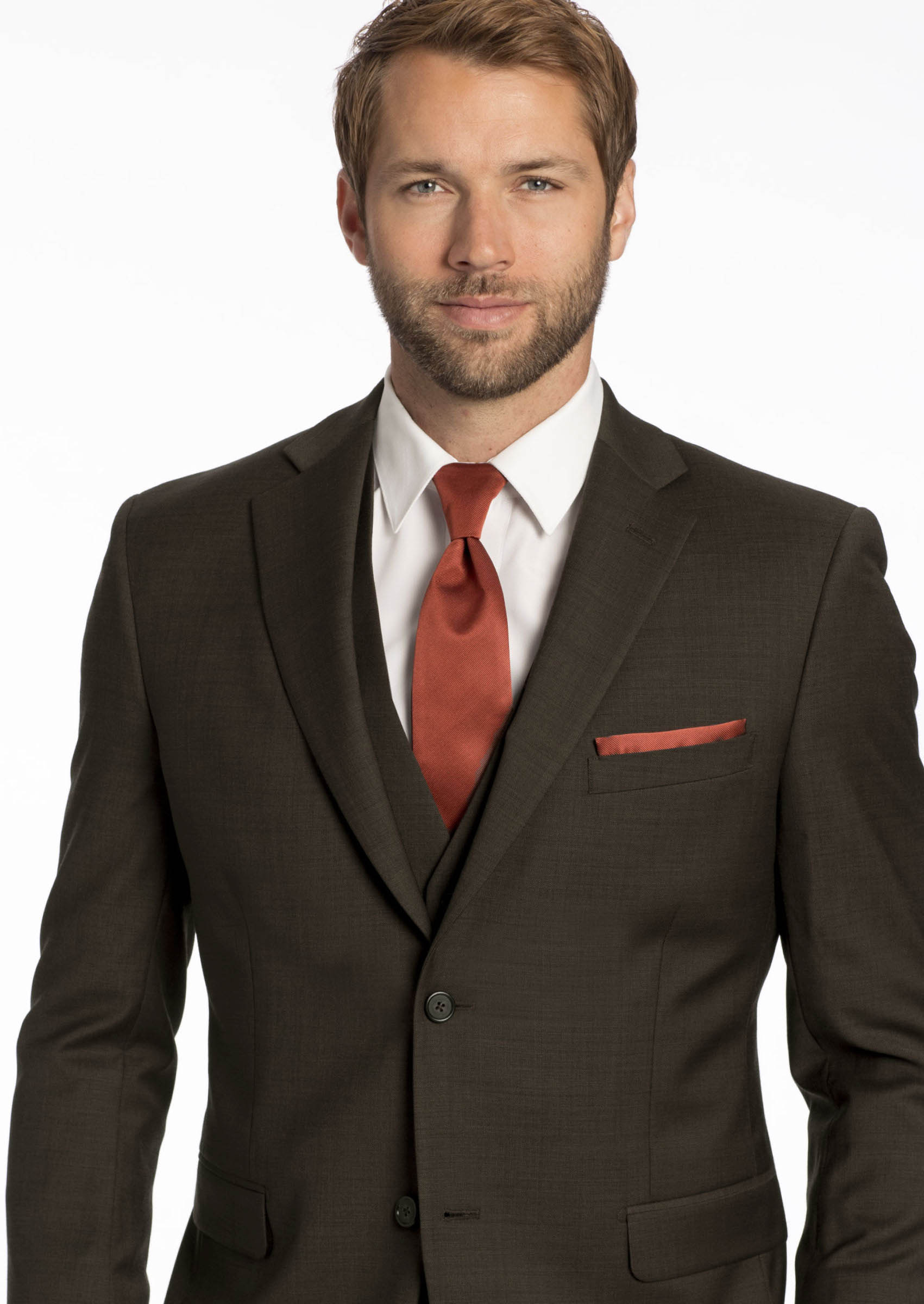 chocolate brown suit, men's 3-piece suit, rust color satin tie and pocket square 