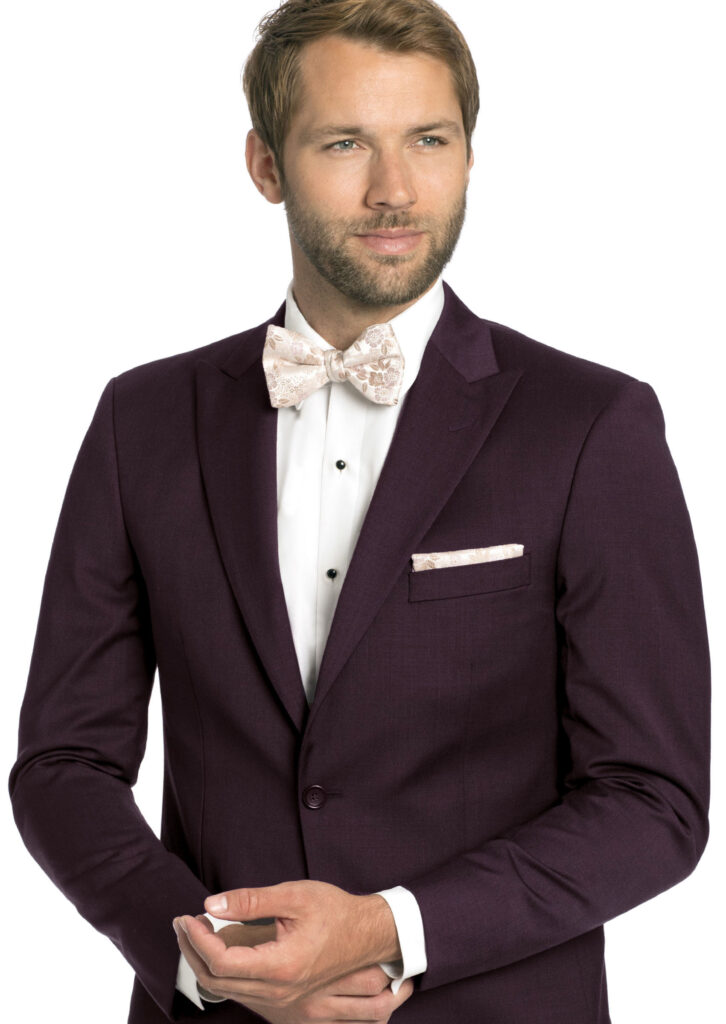 dark purple suit jacket, white shirt, ivory bow tie , men's fall wedding attire