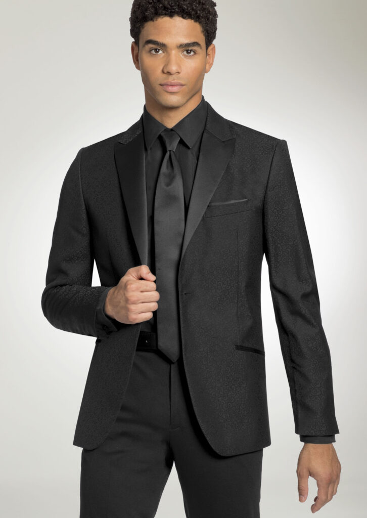 Black satin pattern, tuxedo jacket, satin peel, black dress, shirt, black, satin tie, black satin pocket square, black pants
