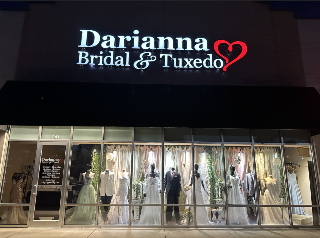 Darianna Bridal & Tuxedo in Warrington PA at night
