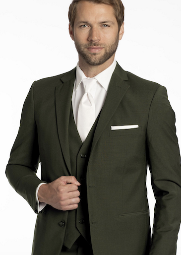 Hunter Green men's suit, green vest, green jacket, white dress shirt, white, long tie, men's fall wedding attire