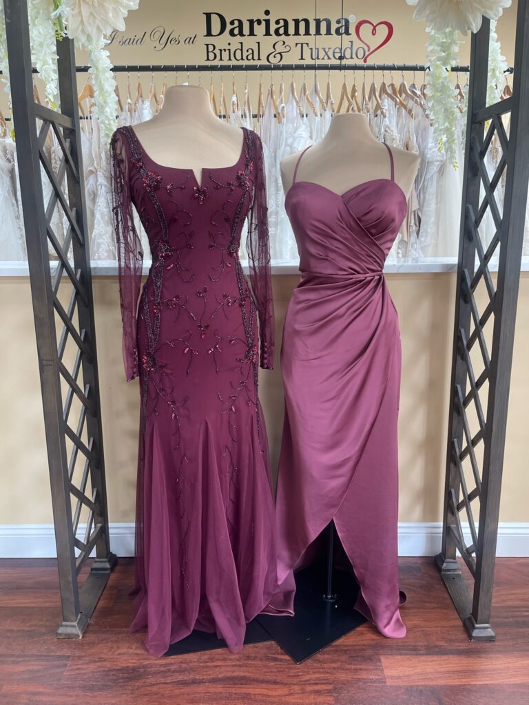 raspberry bridesmaid and complementing wine color beaded mother of the bride or groom dress