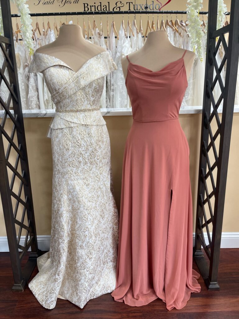 salmon bridesmaid and complementing champagne and gold mother of the bride or groom dress
