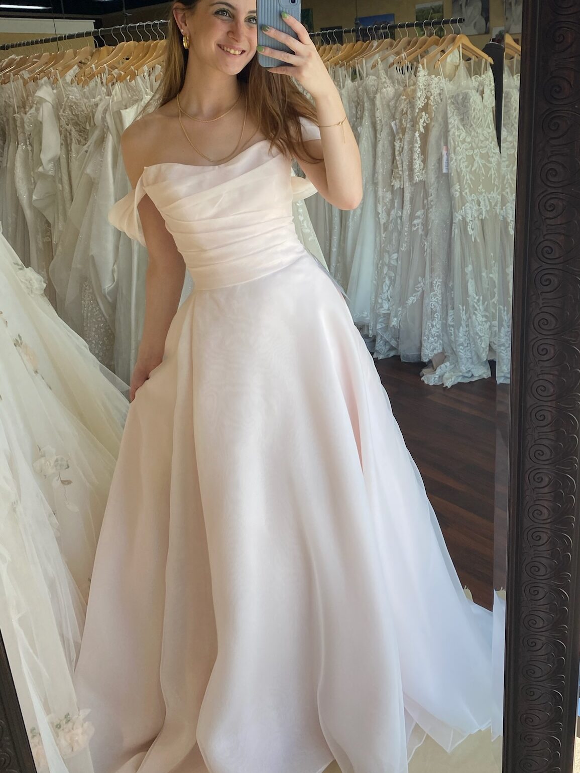 Organza, A-line wedding dress in blush