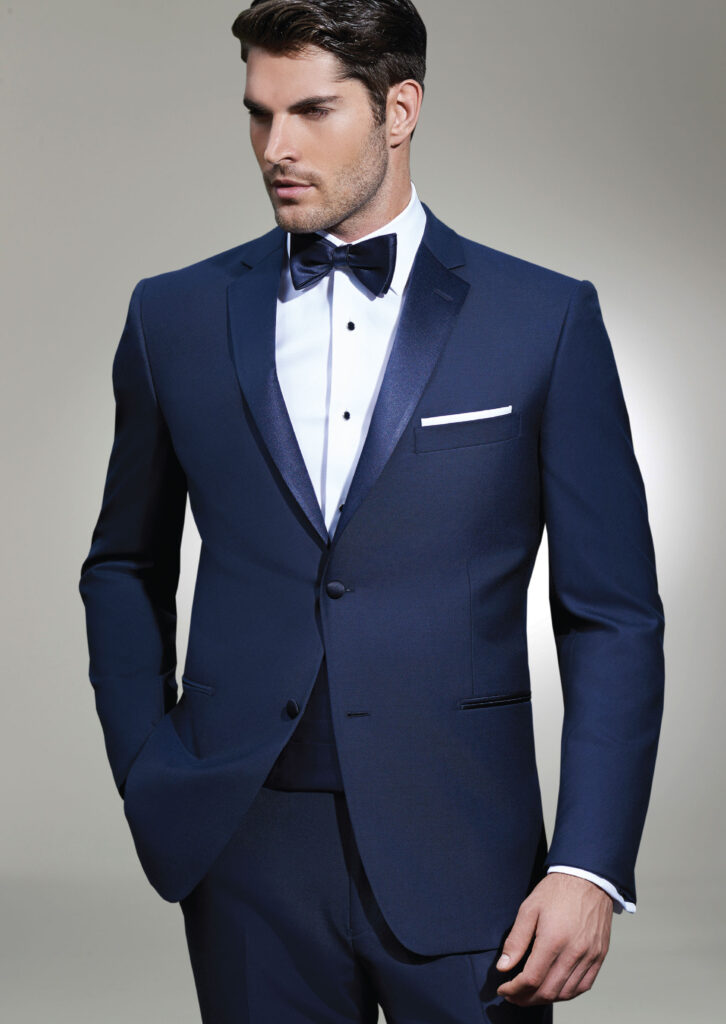 Navy tuxedo with navy satin lapel, Sebastian by Ike Behar