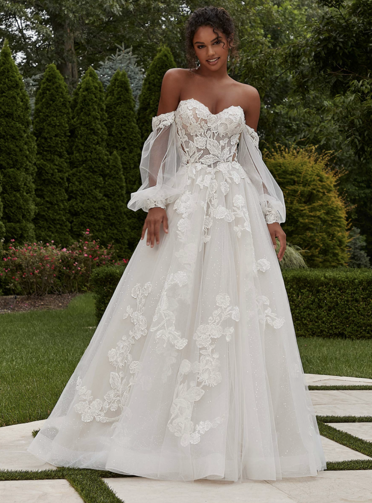 Morilee wedding dress Primrose with detachable, sheer Bishop sleeves and lace appliqué, princess dresses
