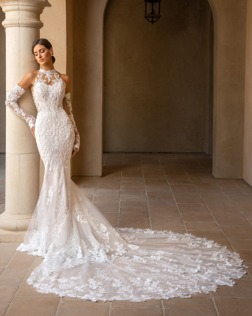 Kitty Chen Couture gown with evening gloves halter neck wedding dresses