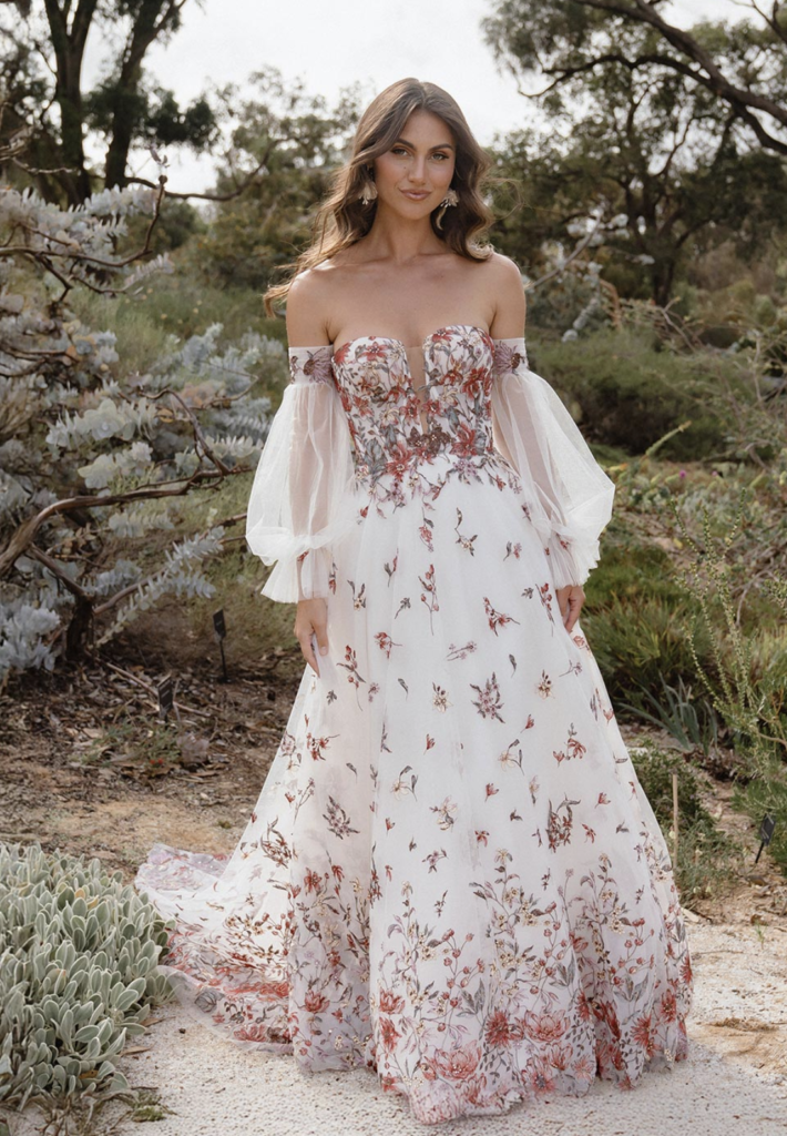 sachin and babi light blue dress A-line Yellow Sunflower Wedding Dress Boho Off Shoulder Gown Floral Em –  SELINADRESS main image 0