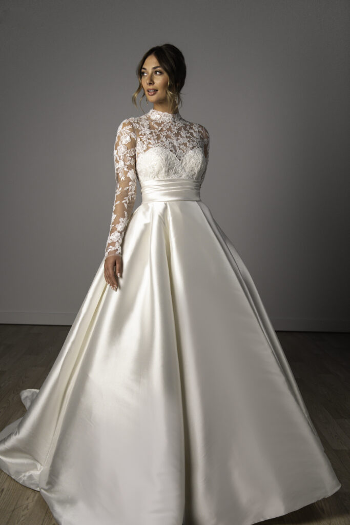 High neck long sleeve stella york in satin is a good winter wedding dress