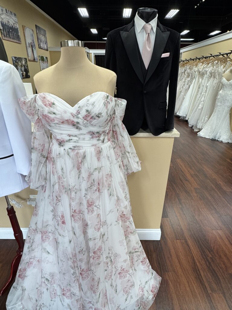 color in wedding dresses - here is a printed fabric with blush roses and greenery